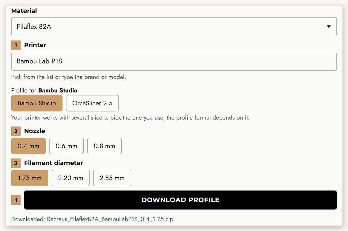 Genera y descarga tu perfil arriba: impresora, boquilla y diƔmetro. Recibes un ZIP.