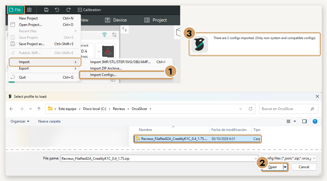 Abre OrcaSlicer o Snapmaker Orca y ve a Archivo ā Importar ā Importar configuraciones⦠(no Ā«Importar archivo ZIPĀ»). Selecciona el ZIP descargado y pulsa Abrir. Si tu versión no lo acepta, descomprĆmelo y elige los ficheros .json.