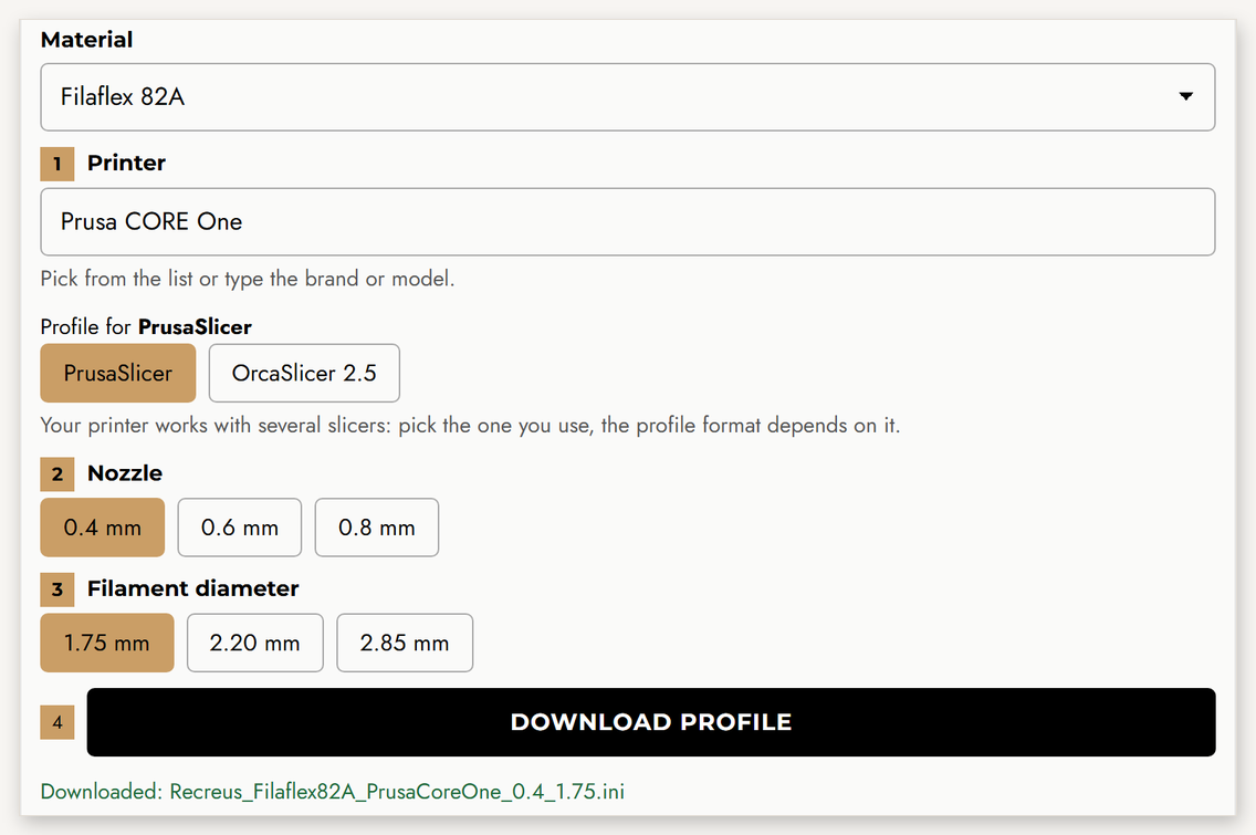 Genera y descarga tu perfil arriba. Para PrusaSlicer recibes un Ćŗnico fichero .ini.