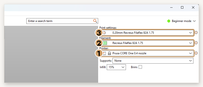 En Impresora elige tu Prusa con la boquilla correcta y, en Filamento y Configuración de Impresión, los perfiles Recreus.